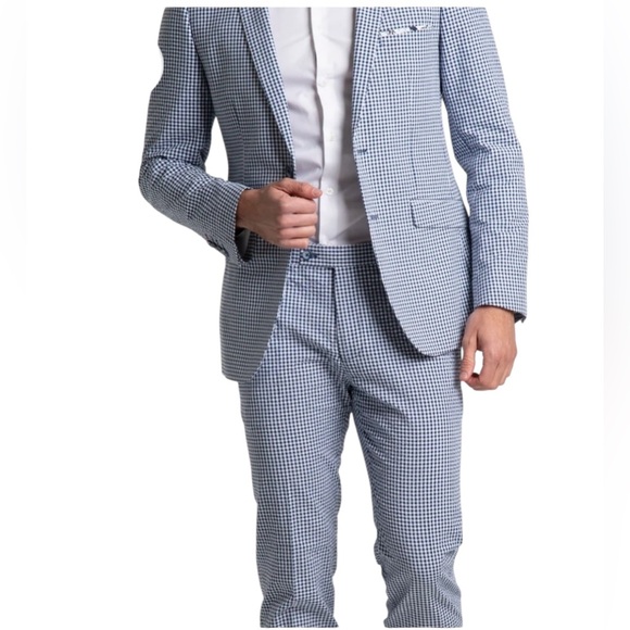 Paisley  Gray  Dover Collection  Blue  White Seersucker Checkered Slim Pant 32 - Picture 1 of 9